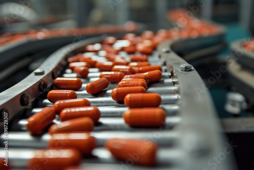 Conveyor belt with tablets, medicinal drugs pharmacology factory medicinal drugs production