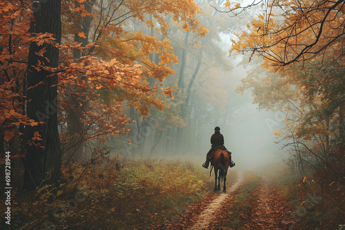 A noble steed and its rider pausing on a misty forest path, rich tapestry of autumn colors, fog weaving through the trees