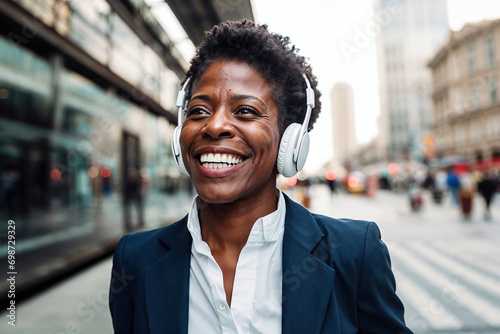 Generative AI portrait of a joyful african american businesswoman in the city