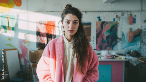 Generative AI image of a confident young woman artist entrepreneur in a studio photo