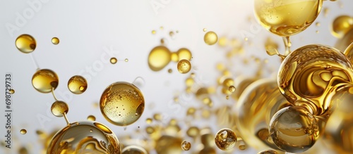 Golden oil capsules close-up. High-quality image for healthcare and beauty.