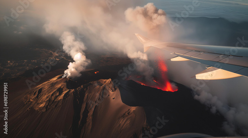 Aerial View of Volcanic Eruption from Airplane Window photo