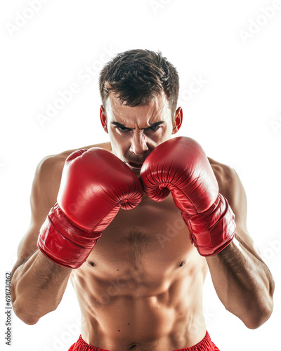 Determined boxer throwing a punch, intense expression, isolated on transparent background, dynamic sports action. © Tirawat