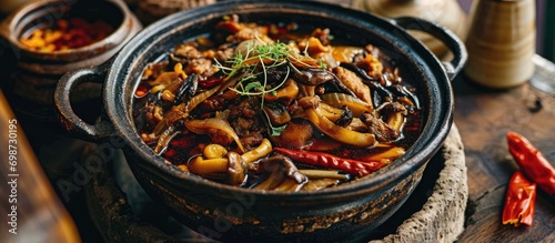 Spicy dry pot with Chinese King trumpet mushroom. photo