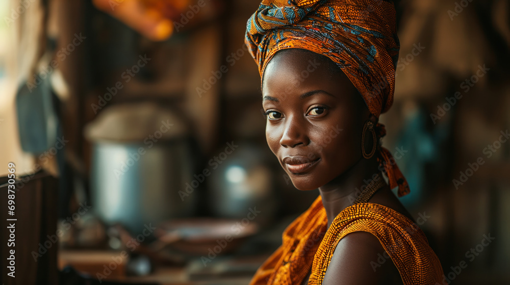 African woman sitting at the laptop in a village in Africa. Concept of the on line education African woman sitting at the laptop in a village in Africa. Concept of the on line education