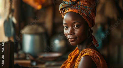 African woman sitting at the laptop in a village in Africa. Concept of the on line education photo