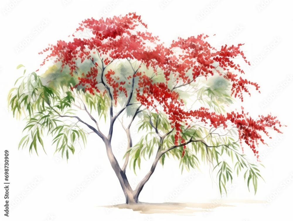 Minimalistic Superb Watercolor Illustration of Brazilian Pepper Tree AI Generated