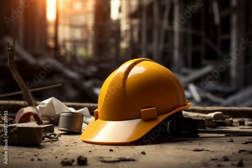 construction site worker hat on a table 
