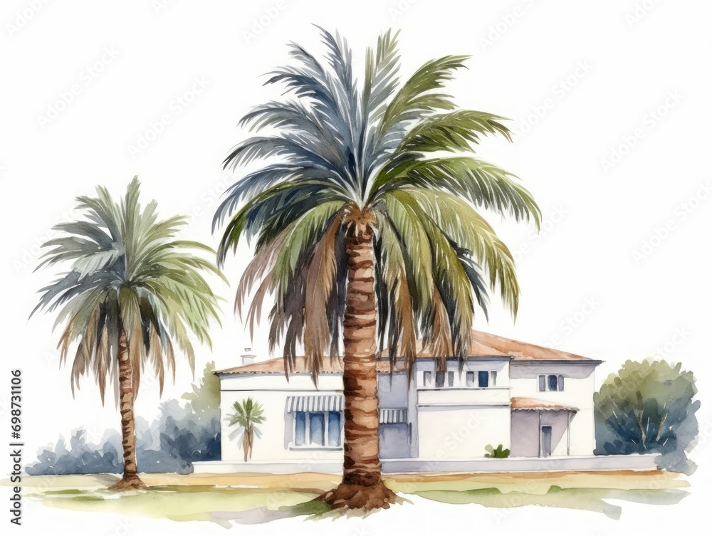 Minimalistic Superb Watercolor Illustration of Date Palm Tree on White Background AI Generated