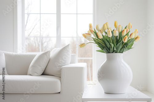 Yellow Tulips in vase on table in living room