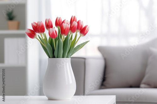 Red tulips in vase in white interior in living room