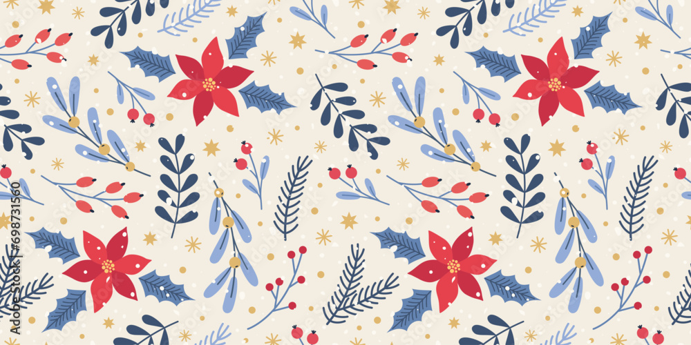 Christmas and Happy New Year seamless pattern. Hand drawn Christmas tree, snowflakes, flowers, berries. New Year symbols. Holiday winter background. Christmas and Happy New Year seamless pattern. Hand drawn Christmas tree, snowflakes, flowers, berries. New Year symbols. Holiday winter background.