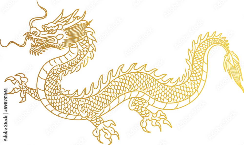 Chinese New Year dragon line art style, vector Lunar New Year, traditional dragon illustration, Asian culture, celebration, festival, Chinese zodiac, cultural symbol, oriental design, zodiac animal - obrazy, fototapety, plakaty 