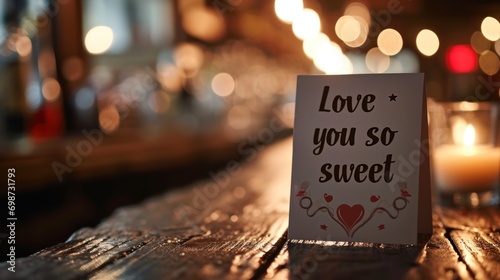 card for your beloved on a wooden table  a candle is burning in the background  Valentine s Day  banner