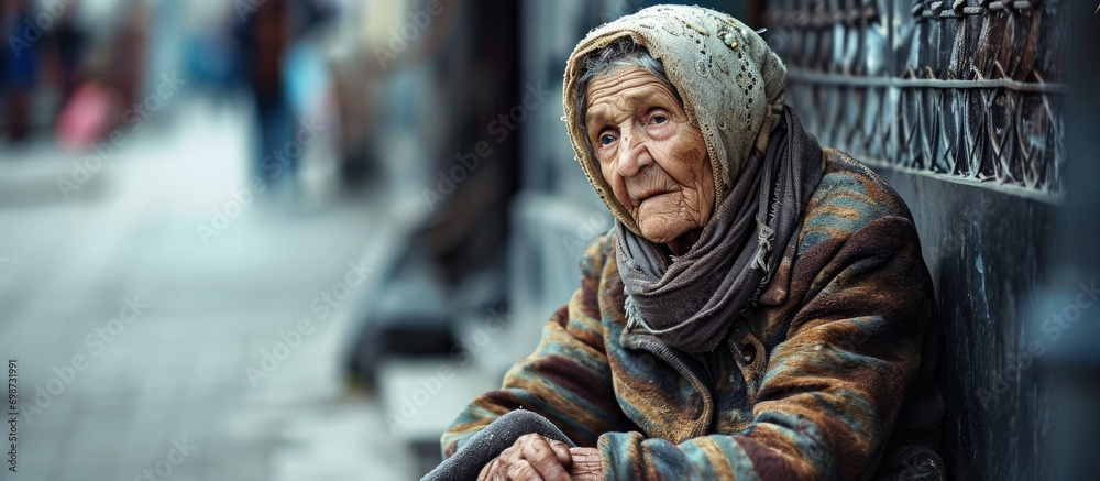 Photo of elderly impoverished woman begging on street.