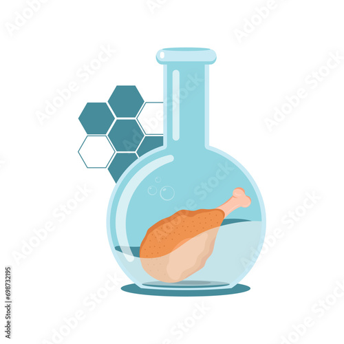 Fresh laboratory grown chicken leg meat floating in laboratory flask.