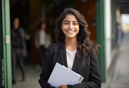 Happy Teenage Female Indian Student With School Folder. Generative AI photo