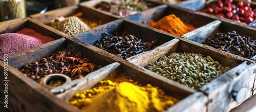 Spices in wooden boxes