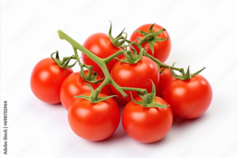 Vibrant tomatoes on white backdrop for captivating ads and packaging designs that make an impact.