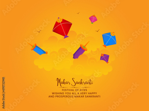 Creative Vector Illustration of Happy Makar Sankranti Celebration, Vibrant Kites Flying in Sky