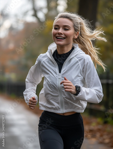 a_beautiful_athletic_woman_running_white_hoodie_wind-breaker_watch
