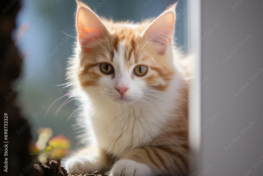 Feline leisure Cute red and white kitten rests by the windowsill