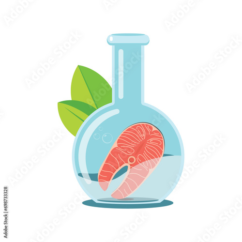 Fresh laboratory grown salmon steak meat floating in laboratory flask.