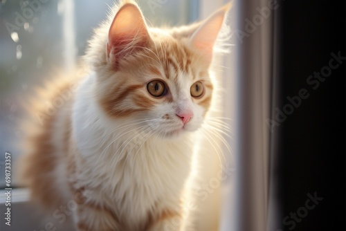 Window warmth Young kitten in red and white hues near window