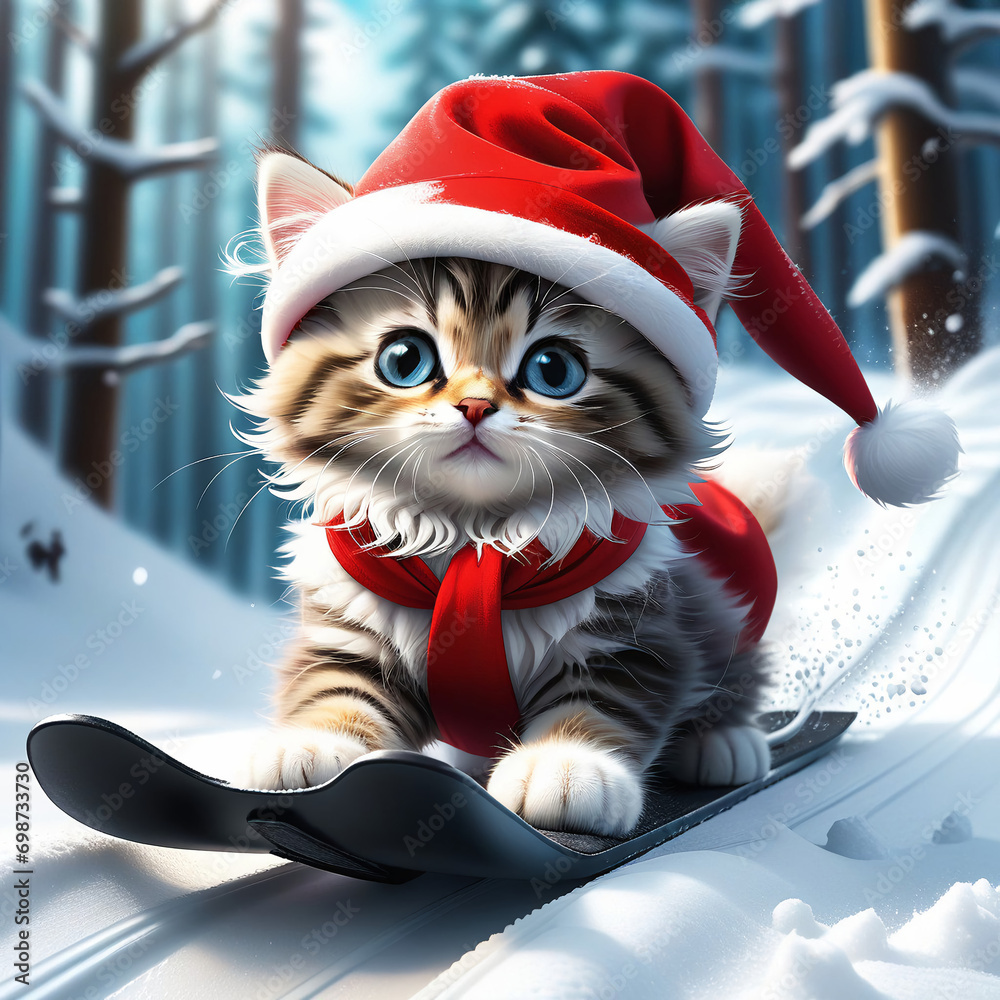 Festive Winter Adventure Cute Cartoon Kitten Wearing a Santa Hat
