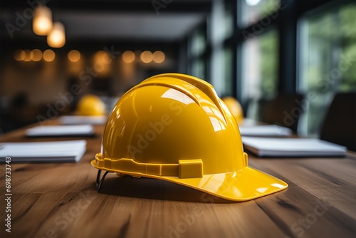 Construction safety Yellow helmet positioned on a table for workers