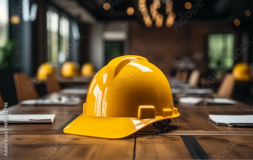 Safety standard Yellow construction helmet displayed on a dedicated table photo