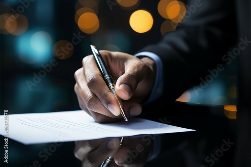 Business commitment sealed a hand signs a contract, solidifying prosperous partnerships photo