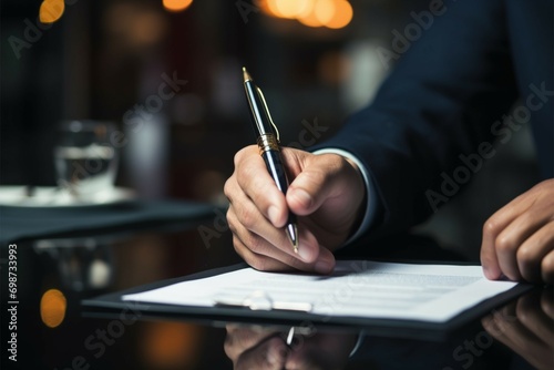 Contractual agreement hand confidently signs, marking the beginning of business collaborations photo
