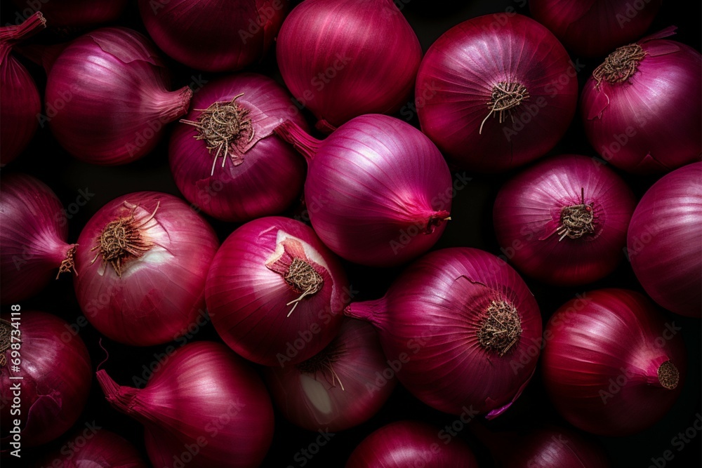 Culinary artistry a top view of red onions forms a vibrant and appetizing arrangement