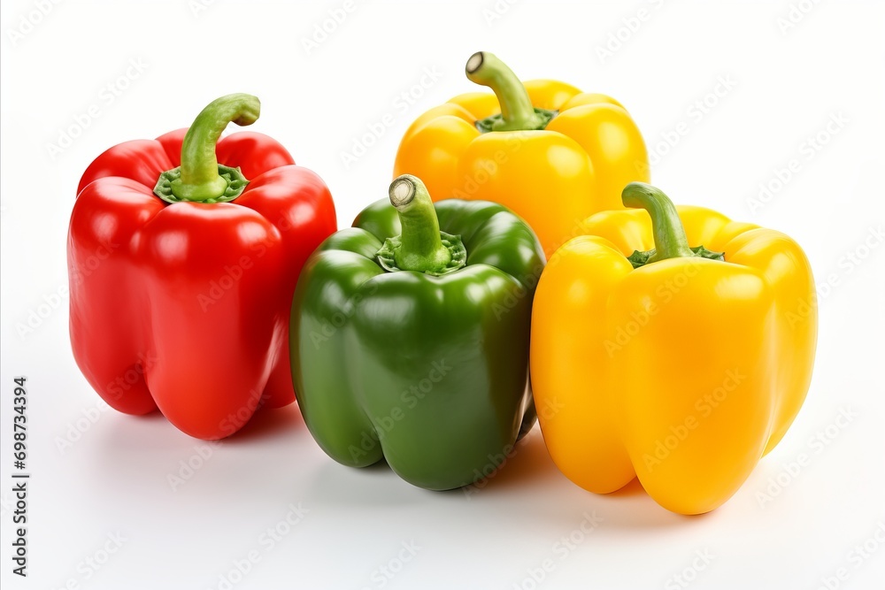 Vibrant bell peppers on white background for captivating advertisements and packaging designs Vibrant bell peppers on white background for captivating advertisements and packaging designs