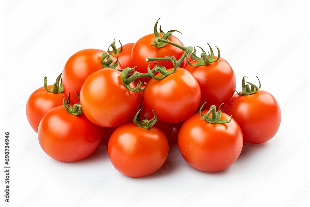 Fresh and vibrant tomatoes on a clean white background for advertisements and packaging designs Fresh and vibrant tomatoes on a clean white background for advertisements and packaging designs