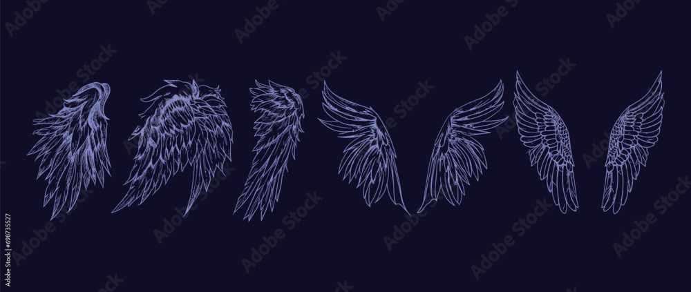 Angel wings illustration vector set, wings graphic element, thin line neon, angelic feathered vectors, angel wing clipart collection - obrazy, fototapety, plakaty 
