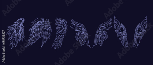 Angel wings illustration vector set, wings graphic element, thin line neon, angelic feathered vectors, angel wing clipart collection