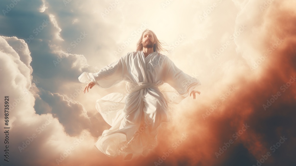 Resurrection of jesus christ  ascending to heaven, divine light, clouds, second coming concept - obrazy, fototapety, plakaty 