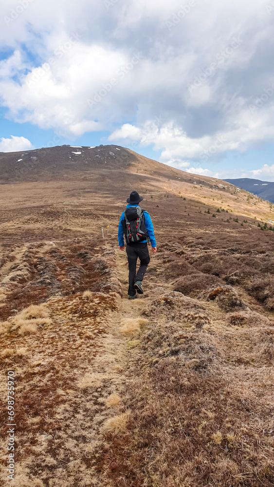 Man hiking to top of Peterer Riegel on Packalpe, Lavanttal Alps in Styria, Austria. Golden alpine meadows in early spring. Tranquil remote landscape in Austrian Alps. Wanderlust. Calm serene scene