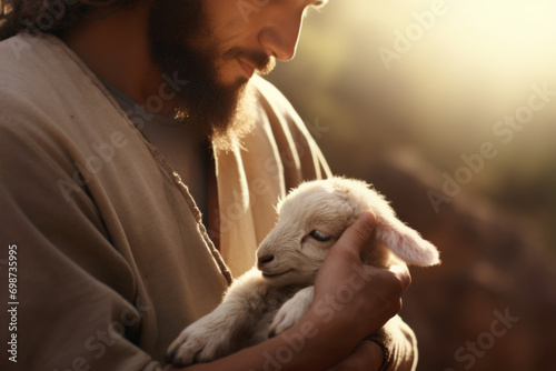AI Generated Image of Jesus Christ holding a little lamb of Easter holiday concept photo