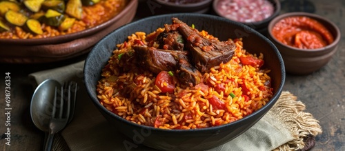 Ghanaian Jollof rice: tomato sauce with goat, served with plantain.