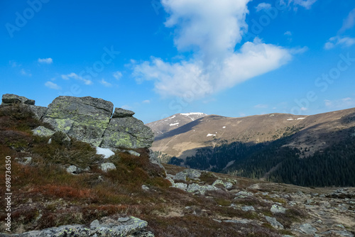 Panoramic view of mountain peak of Amerinkogel on Packalpe, Lavanttal Alps in Styria, Austria. Remote alpine hill landscape in Austrian Alps. Wanderlust. Tranquil serene scene on alpine meadows