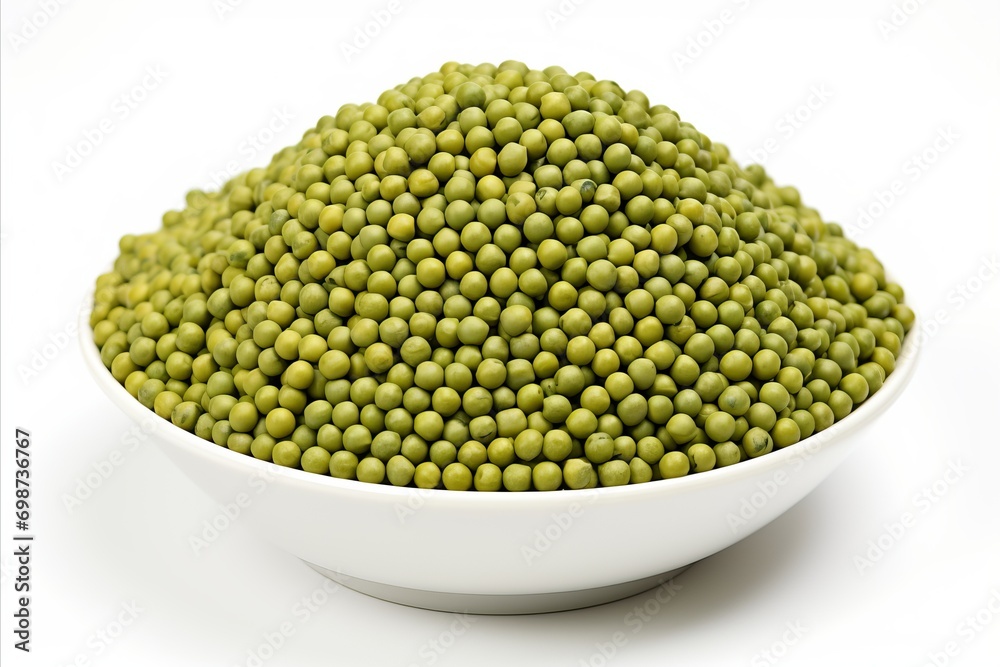 Fresh green peas on a clean white background eye catching visuals for ads and packaging Fresh green peas on a clean white background eye catching visuals for ads and packaging