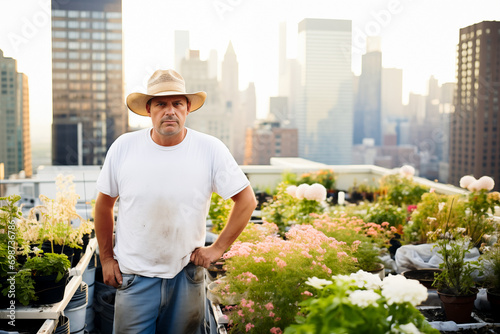 Generative AI image of an urban gardener in a rooftop garden photo