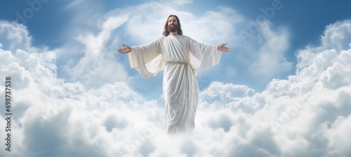 Jesus christ ascending to heaven with divine light and clouds, symbolizing god and second coming. photo