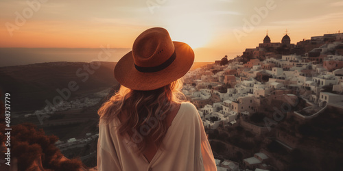 Young woman stand on a high place with nice view to a greece vilage