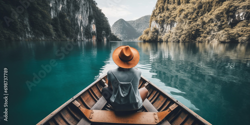 Young man in hat in a boat in Thailand 