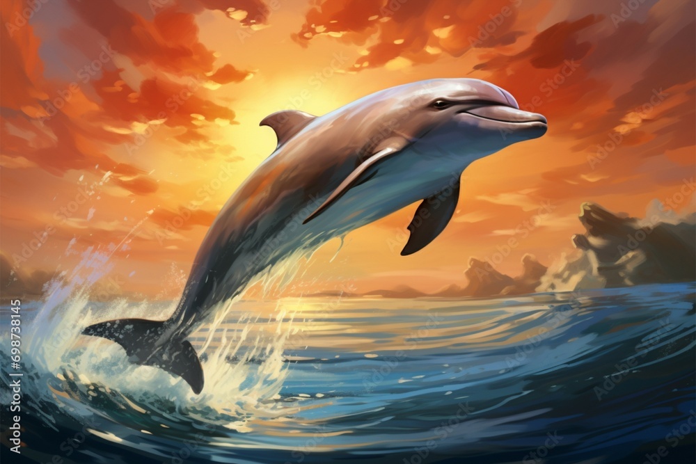 Fototapeta premium A peaceful marine scene dolphins gracefully glide in the tranquil sky and sea