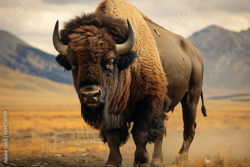 Grand American bison, a majestic herbivore, roams freely with imposing strength and resilience